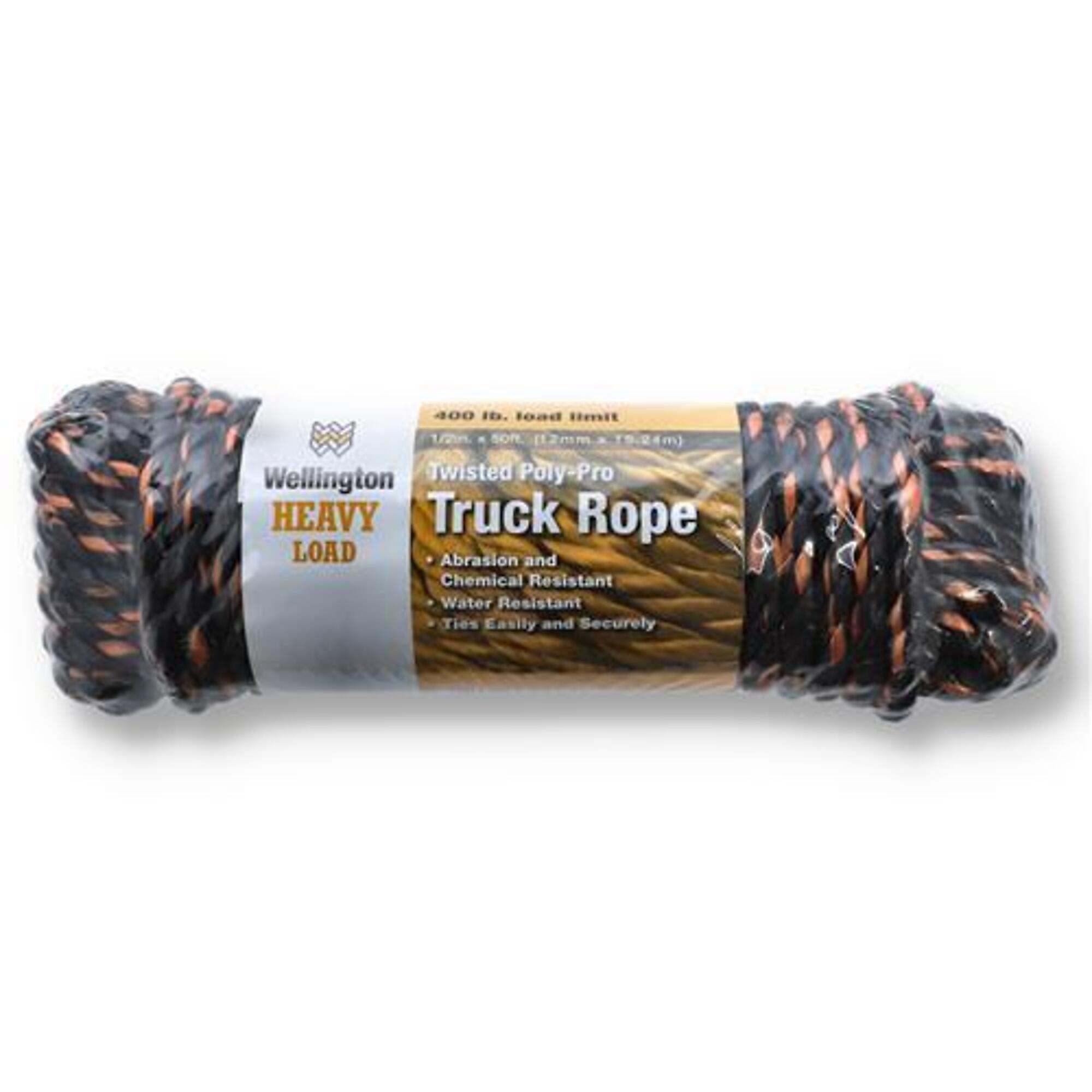 Wellington, 50ft. 1/2in. TWISTED POLY TRUCK ROPE 400LB, Working Load 400 lb, Length 50 in, Material Nylon, Model# J3932H0050H10